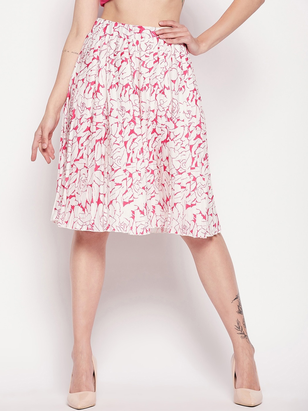 

CAMLA Printed Knee Length Slip-On Flared Skirt, White