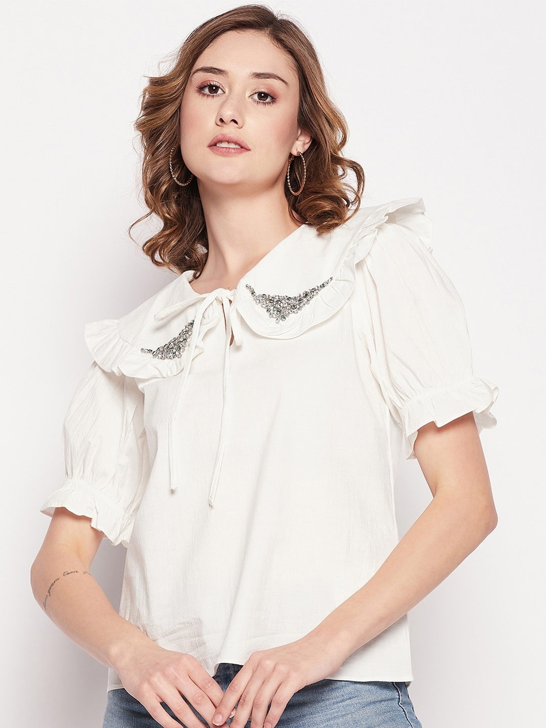 

CAMLA Above The Keyboard Collar Puff Sleeves Cotton Top, White