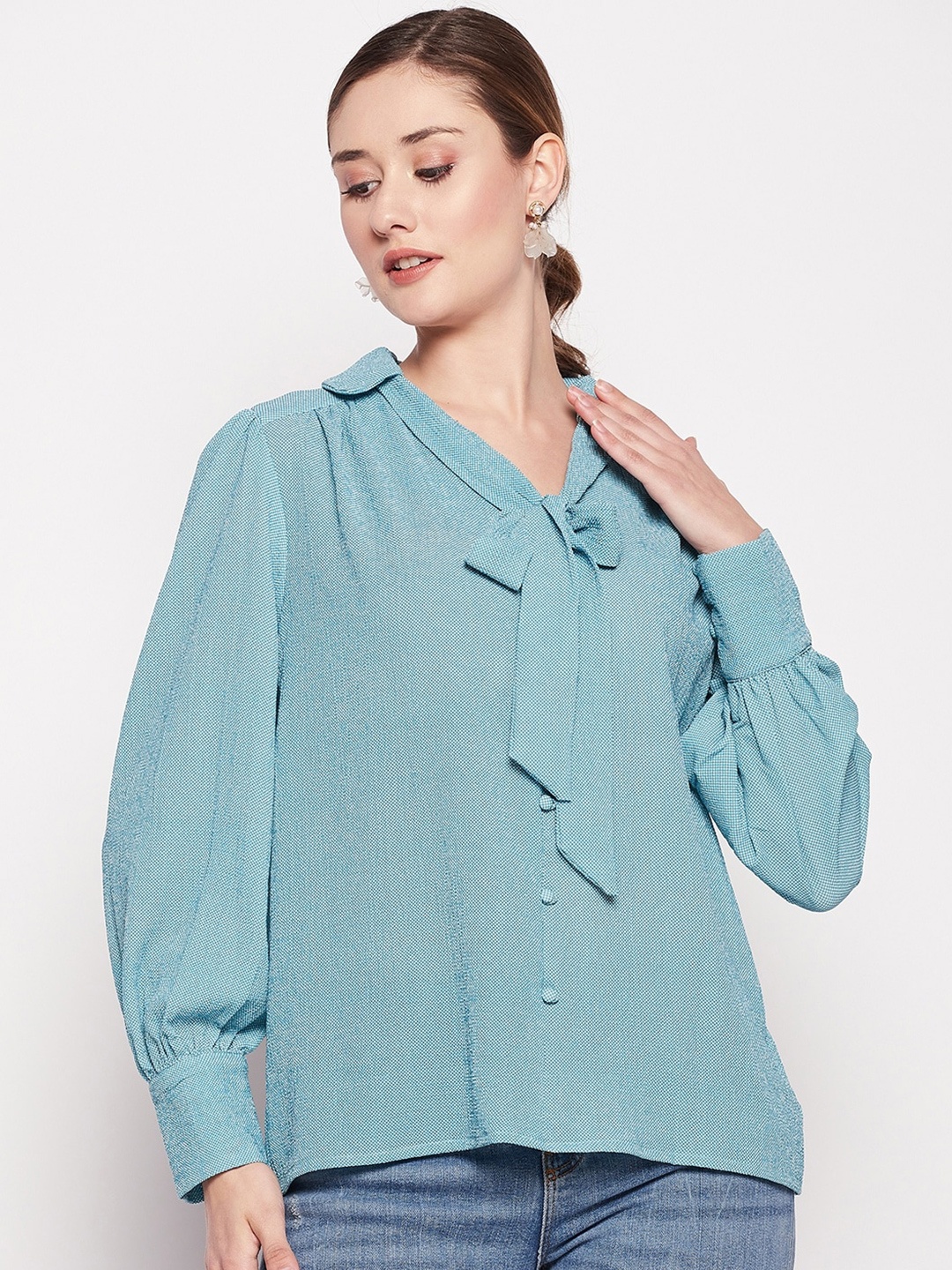 

CAMLA Tie-Up Neck Shirt Style Top, Turquoise blue
