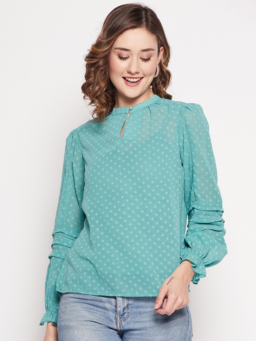 

CAMLA Mandarin Collar Puff Sleeves Top, Green