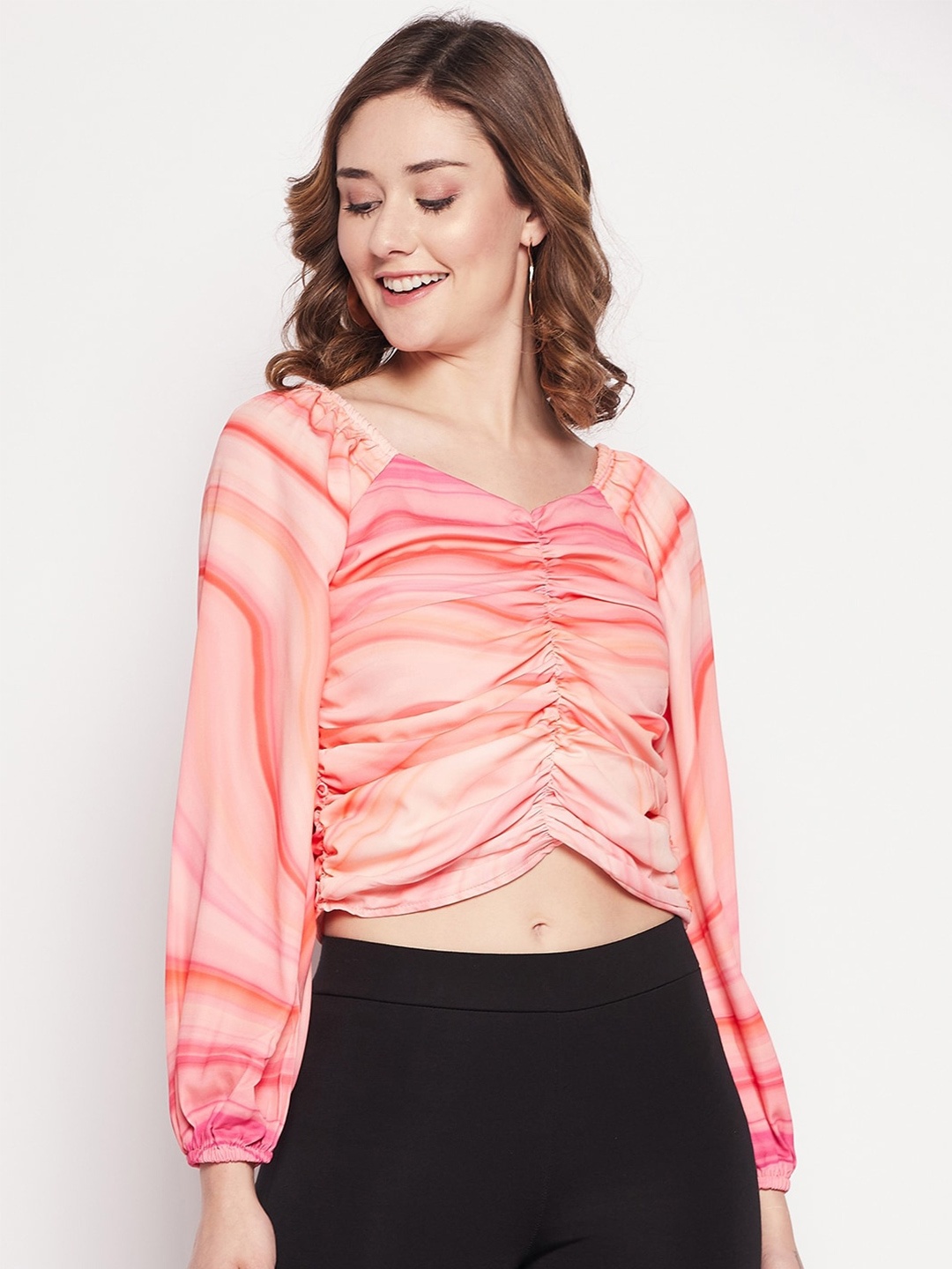 

CAMLA Puff Sleeves Striped Ruched Crop Top, Peach