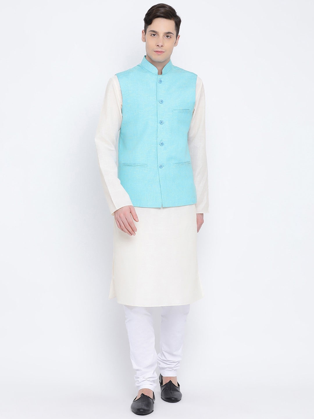 

NAMASKAR Mandarin Collar Pure Cotton Kurta with Churidar, Cream