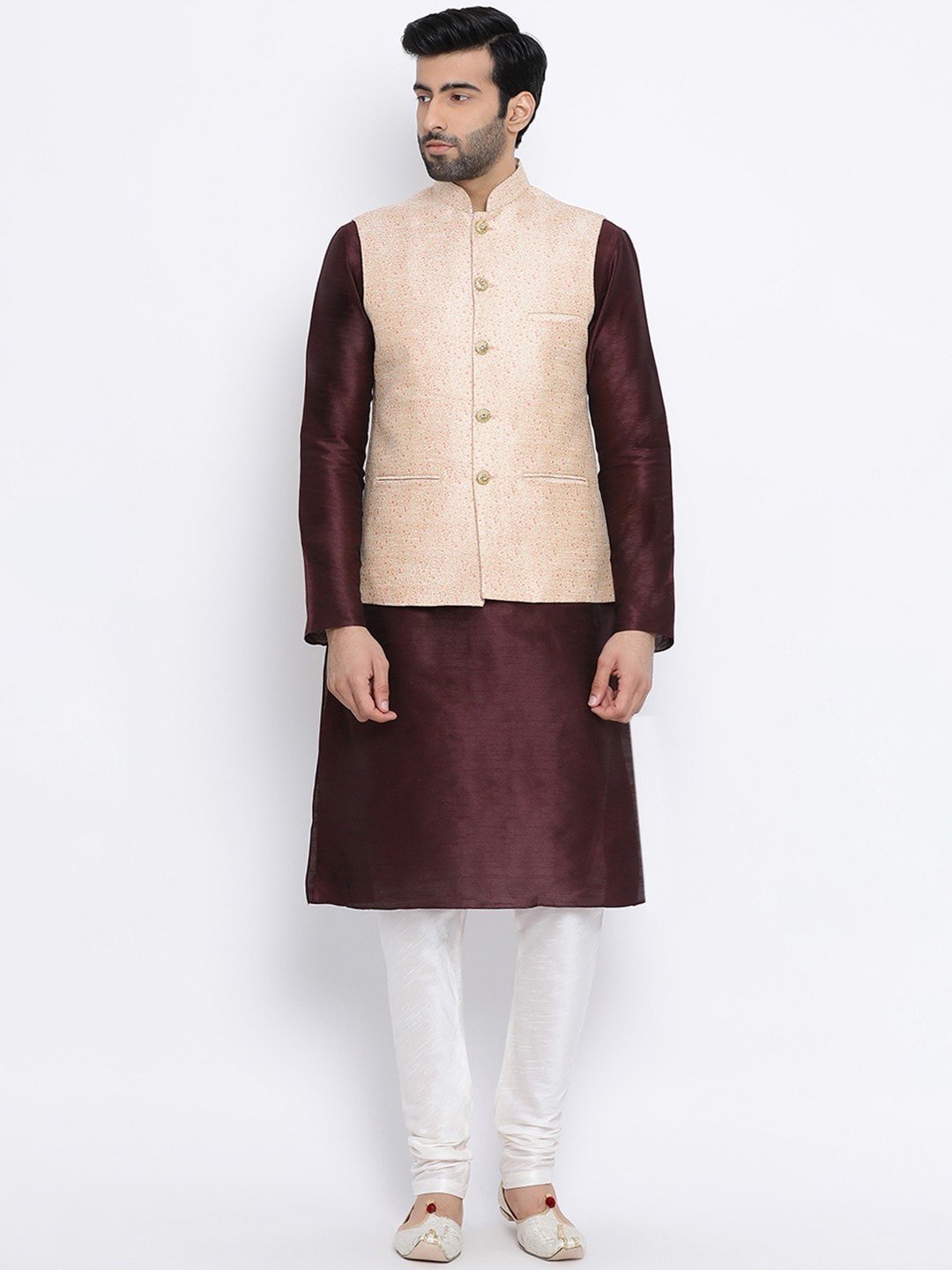 

NAMASKAR Mandarin Collar Dupion Silk Kurta with Churidar, Brown