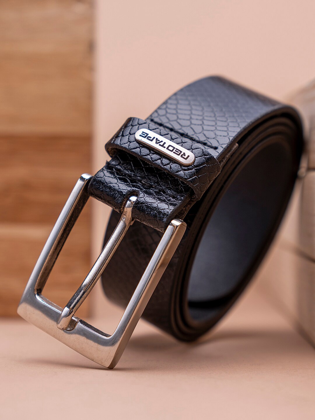 

Red Tape Men Textured Leather Tang Closure Formal Belt, Black