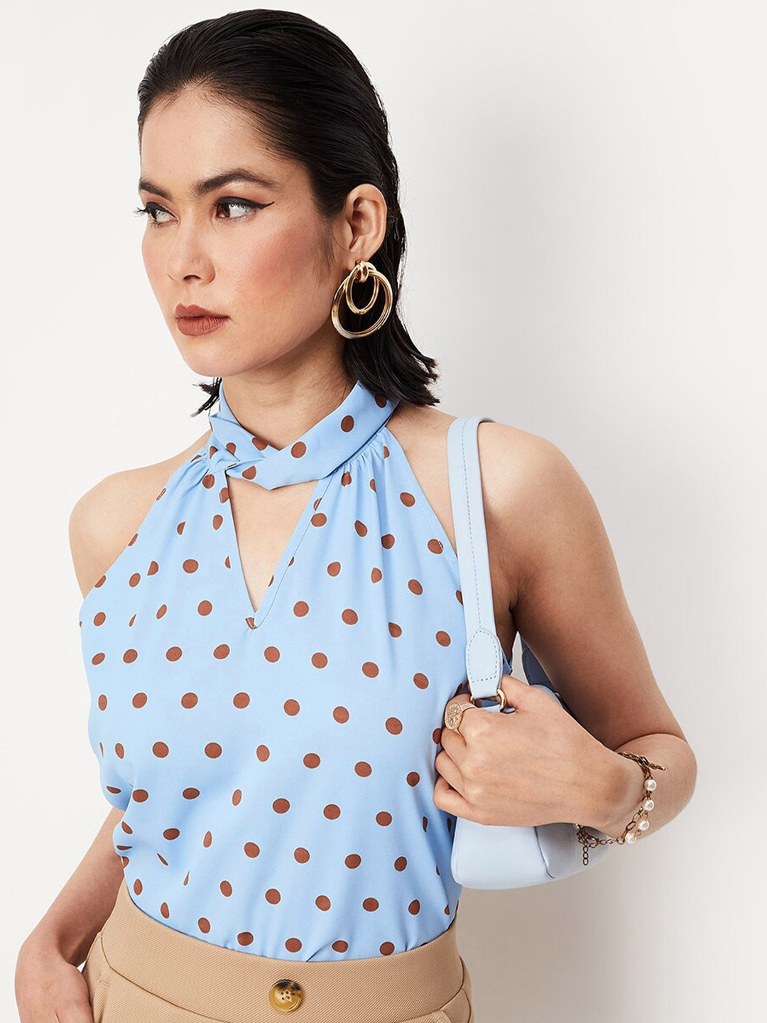 

max Polka Dots Printed Halter Neck Top, Blue