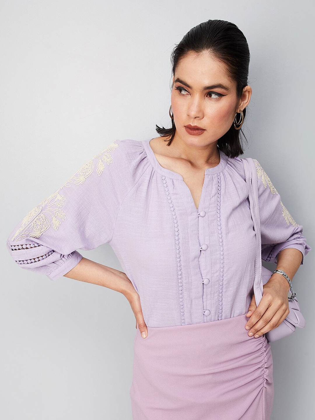 

max Self Design Embroidered Cotton Top, Purple