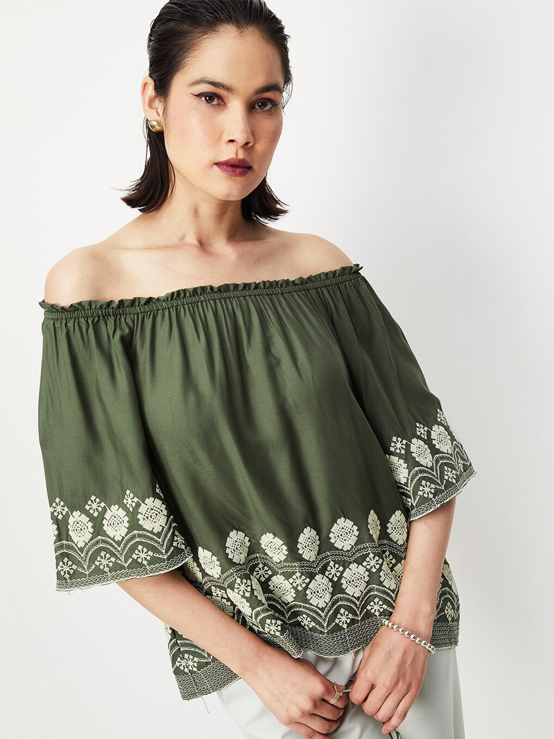 

max Floral Printed Gathered Bardot Top, Olive
