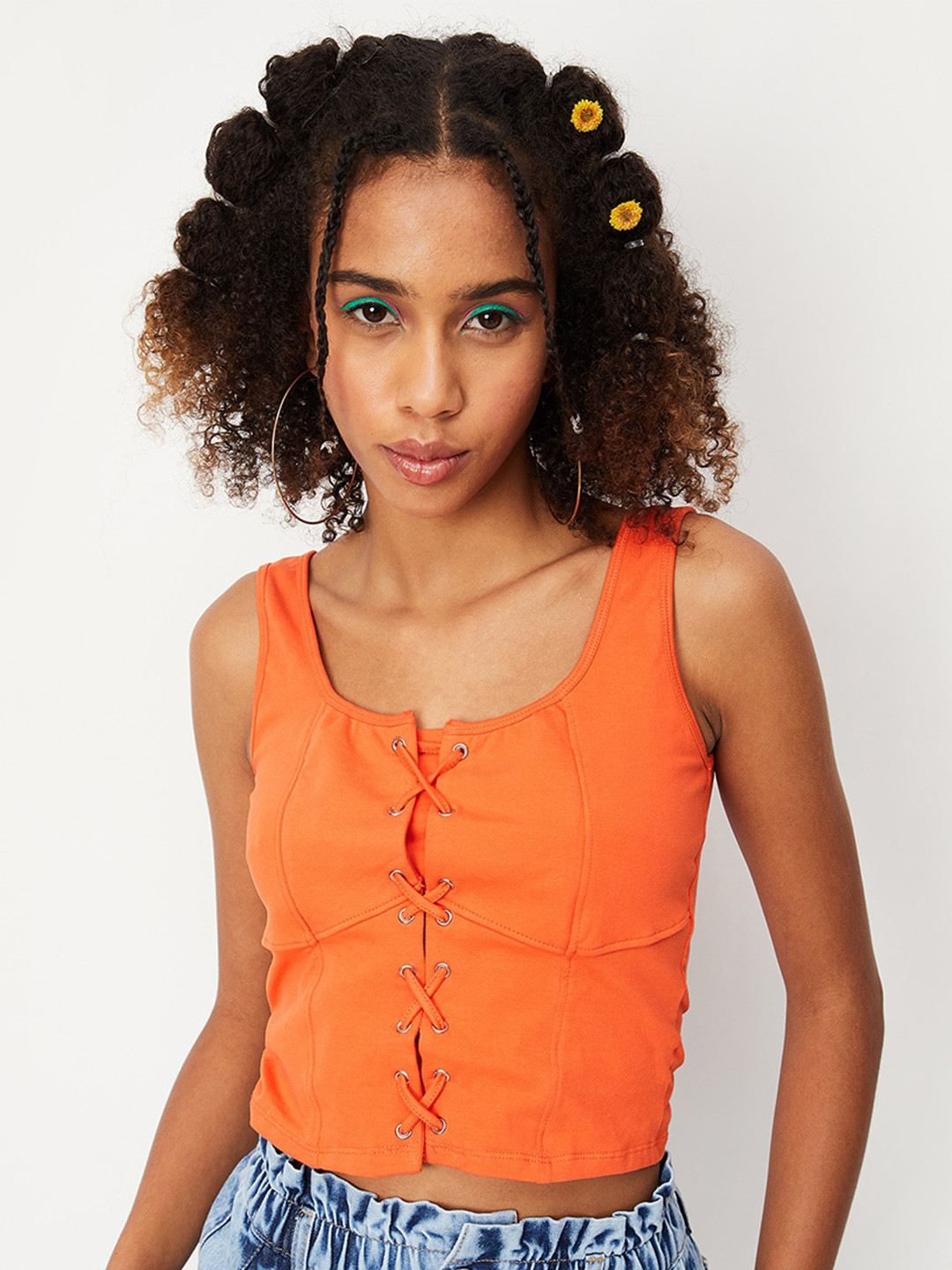 

max Scoop Neck Tie Up Closure Cotton Top, Red