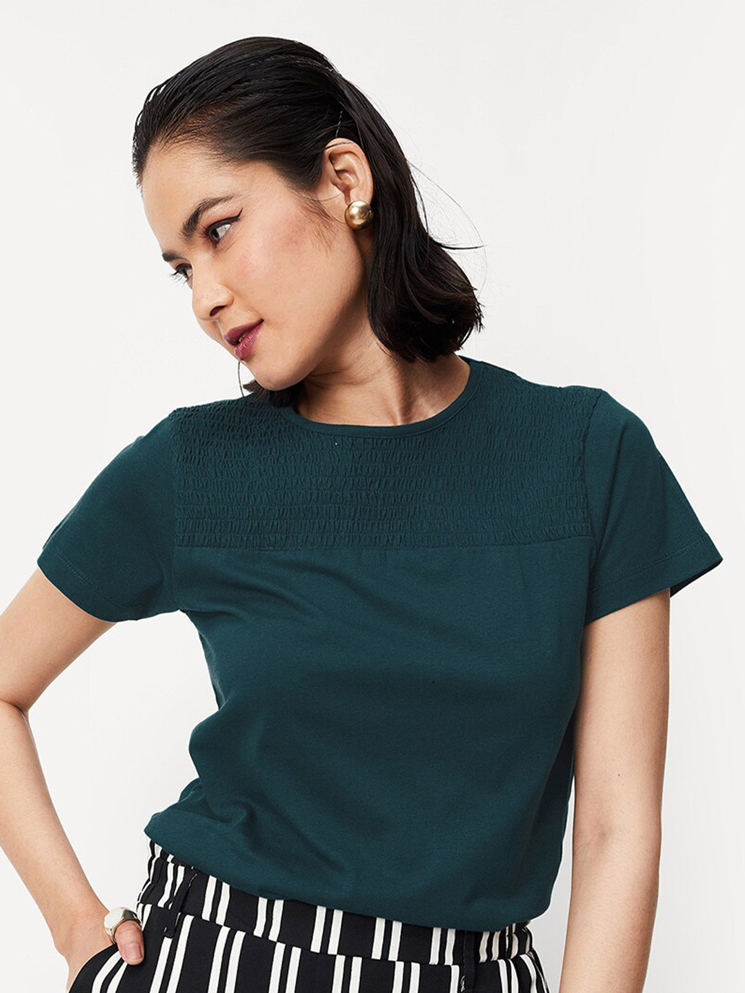 

max Round Neck Smocked Cotton Top, Teal