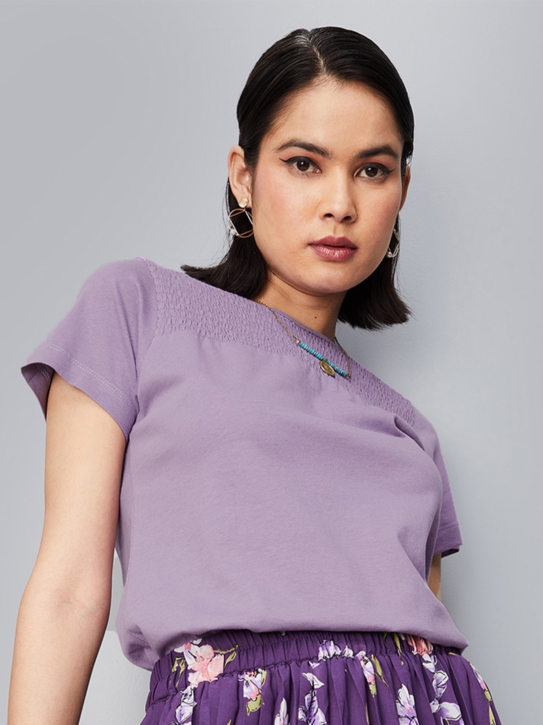 

max Purple Smocked Pure Cotton Top