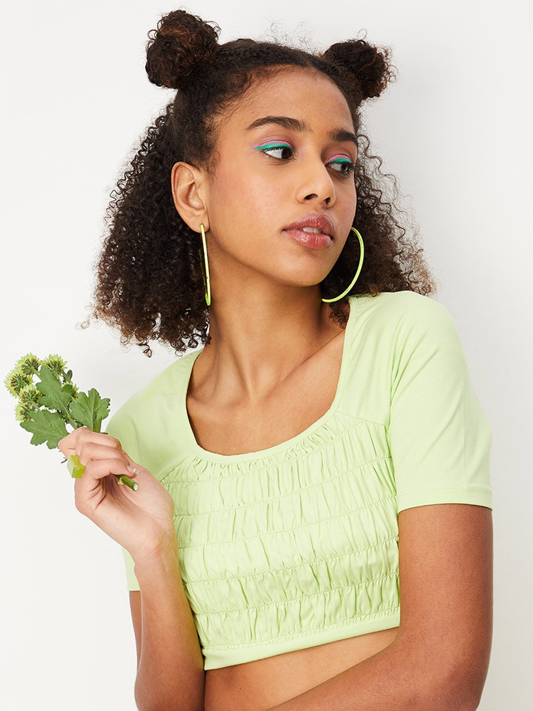 

max Square Neck Smocked Fitted Crop Top, Green