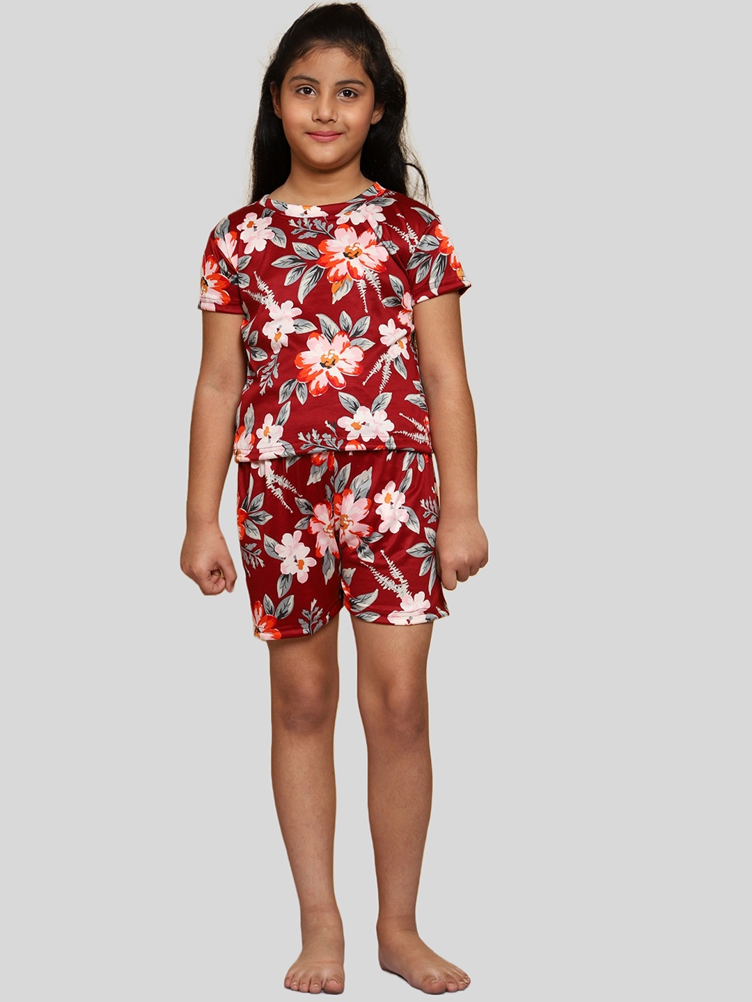 

FNOCKS Girls Floral Printed Night Suit, Maroon