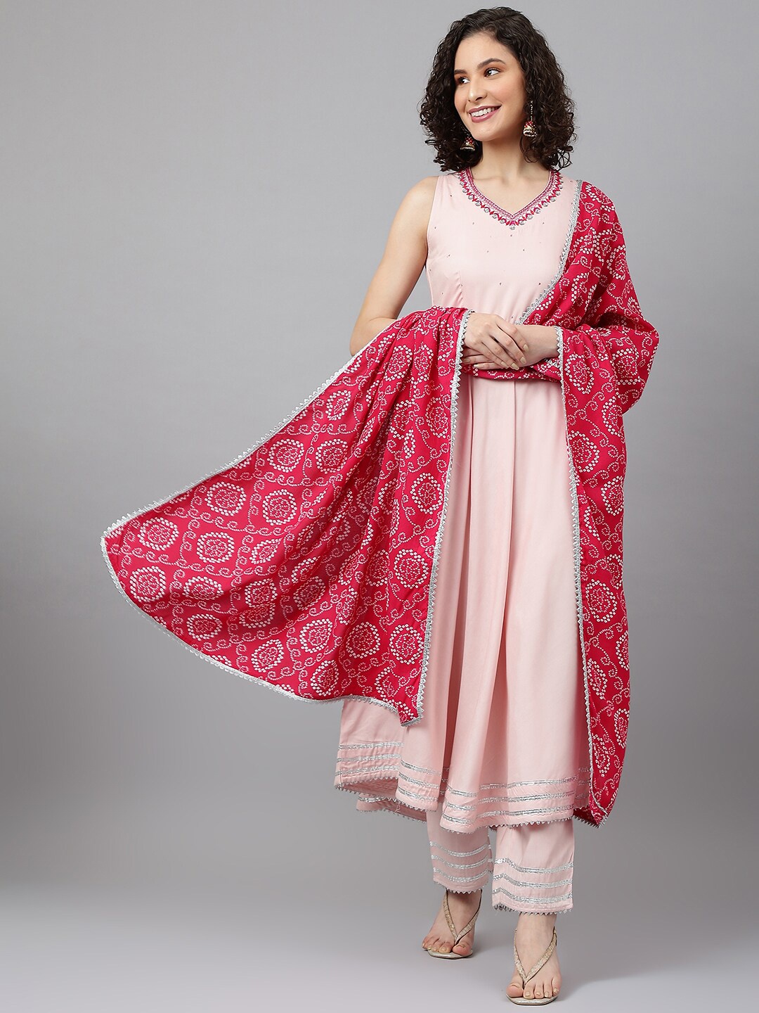 

Khushal K Ethnic Motifs Embroidered Gotta Patti Kurta with Palazzos & With Dupatta, Pink