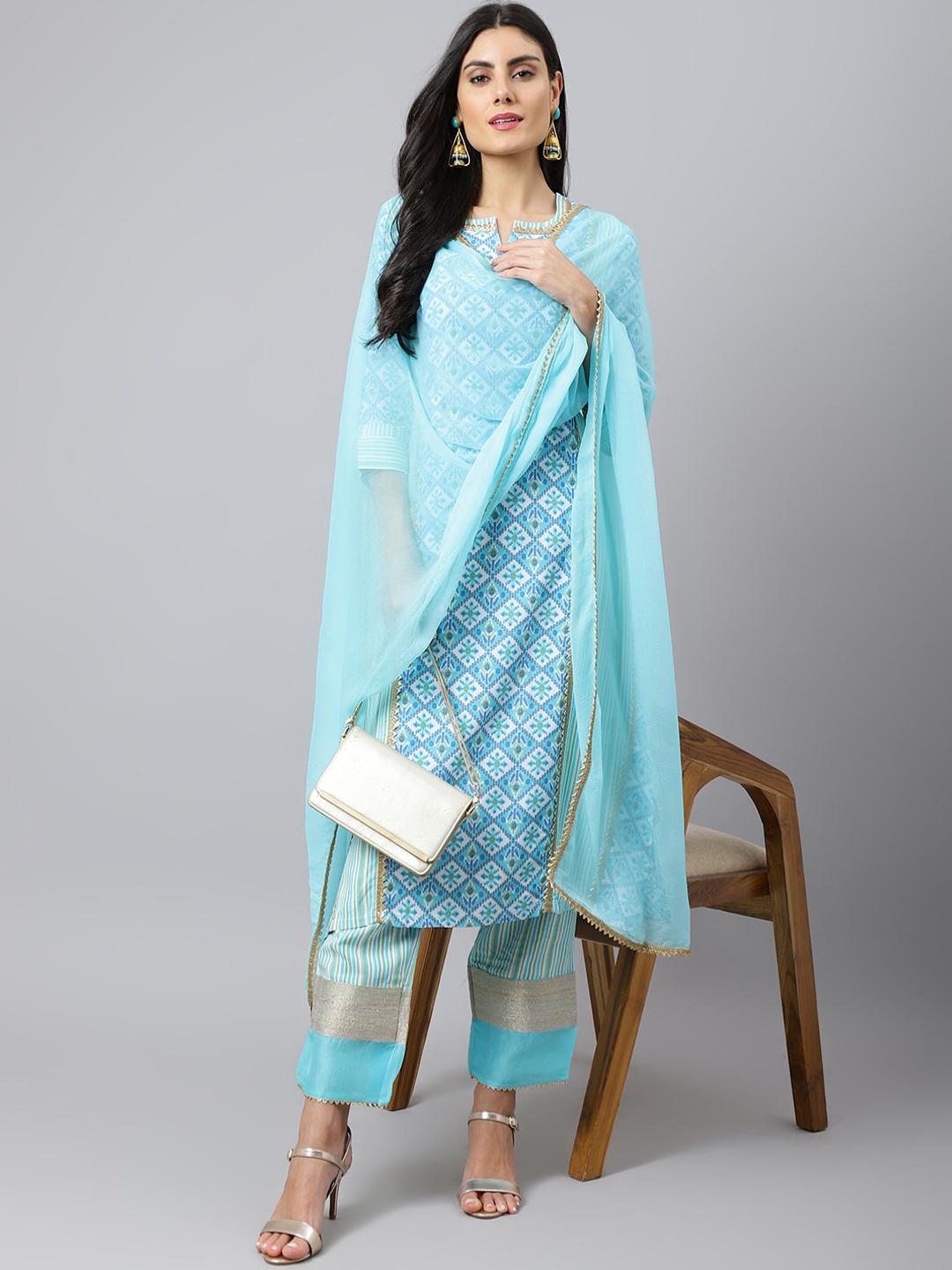 

Khushal K Ethnic Motif Printed Notch Neck Gotta Patti Kurta with Palazzos & Dupatta, Turquoise blue