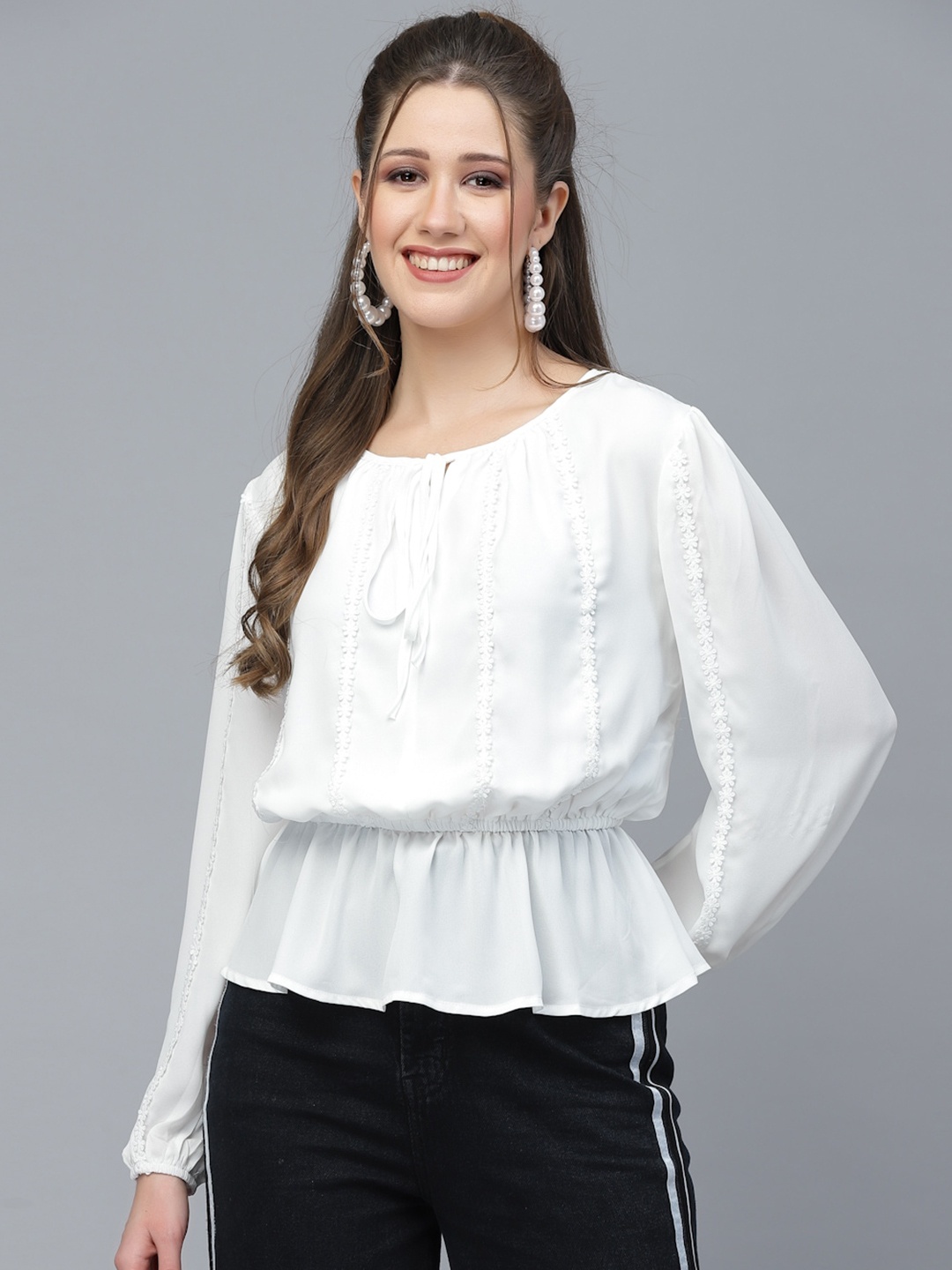 

Mafadeny White Tie-Up Neck Chiffon Peplum Top