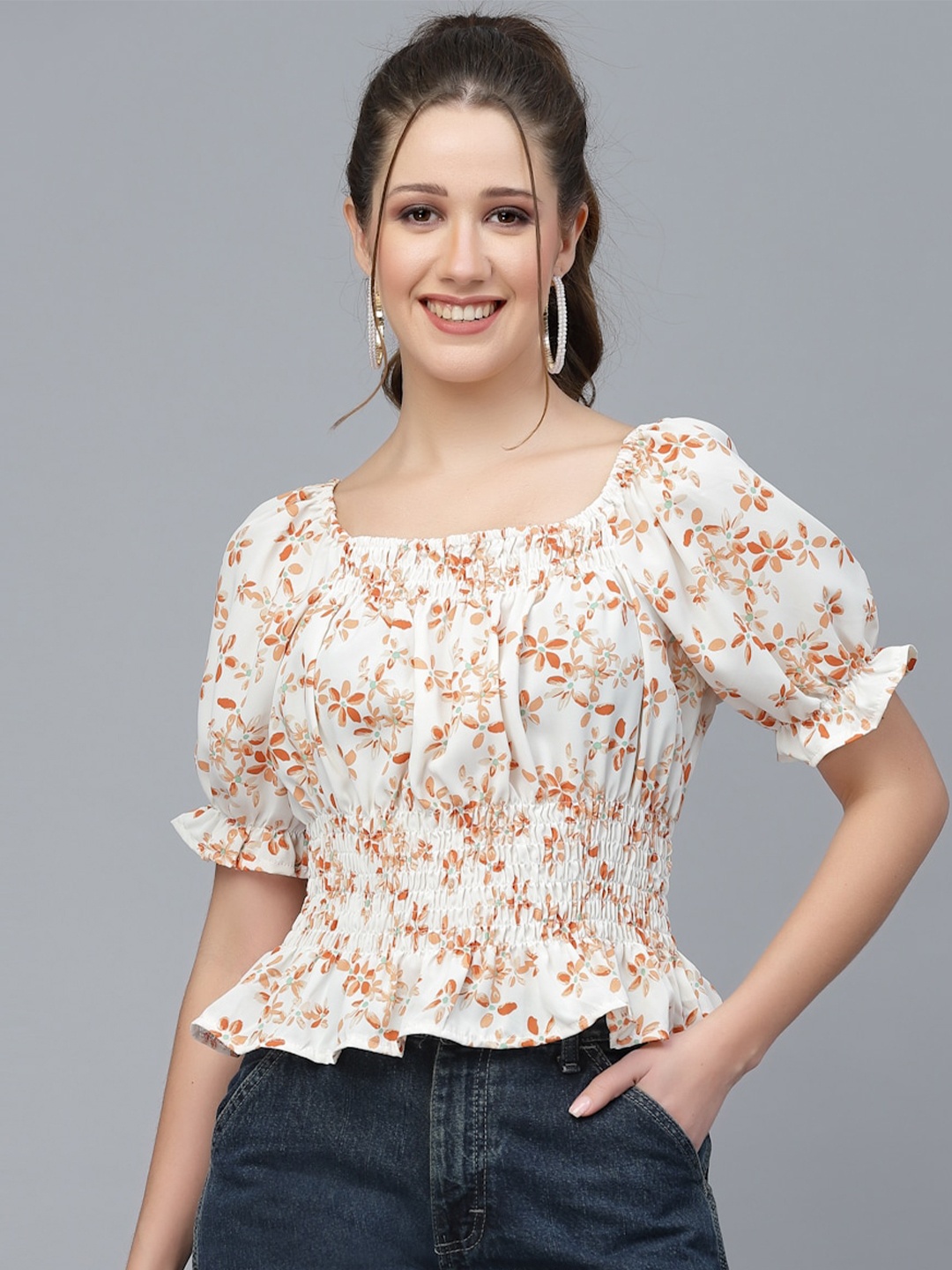 

Mafadeny Rust Floral Print Cinched Waist Top