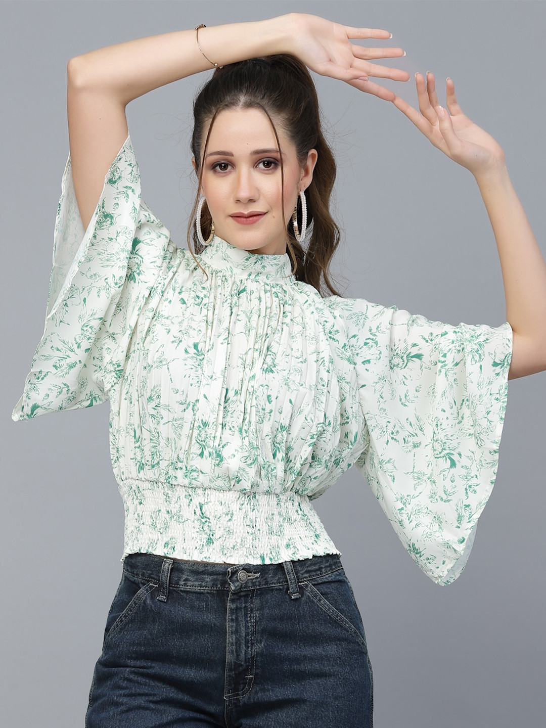 

Mafadeny Green Floral Print Blouson Top