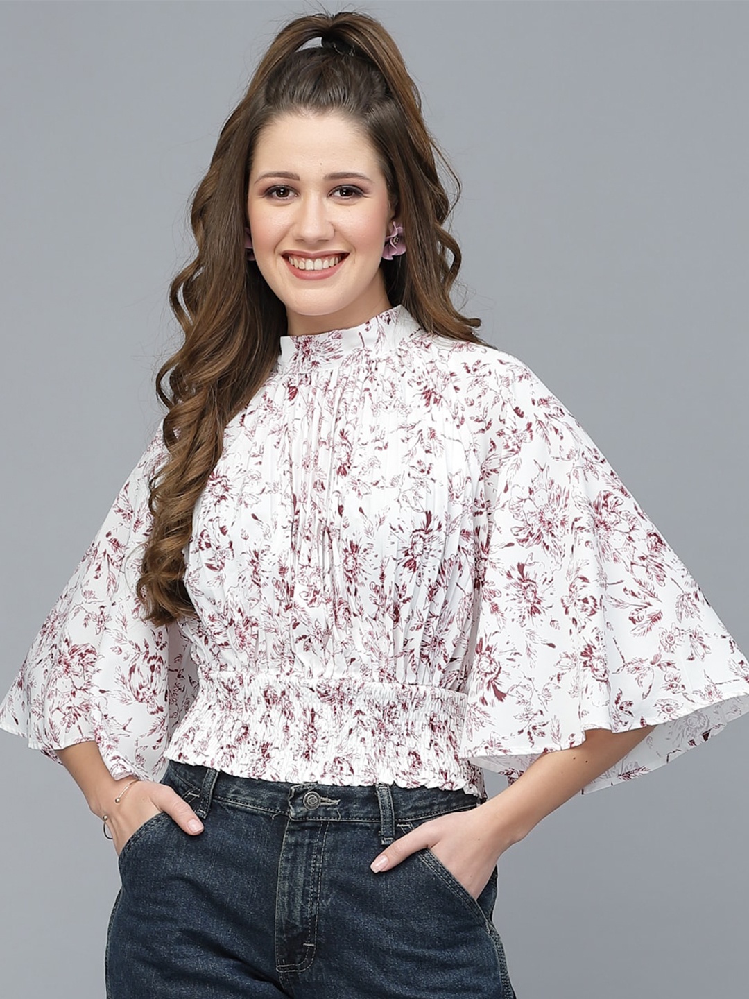 

Mafadeny Floral Printed Flared Sleeves High Neck Blouson Top, White