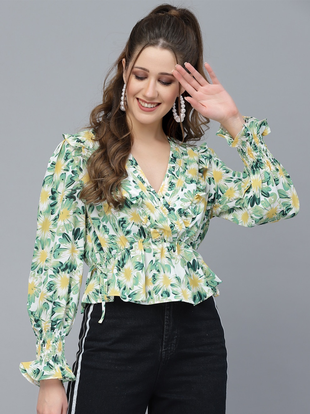 

Mafadeny Green Floral Print Wrap Top