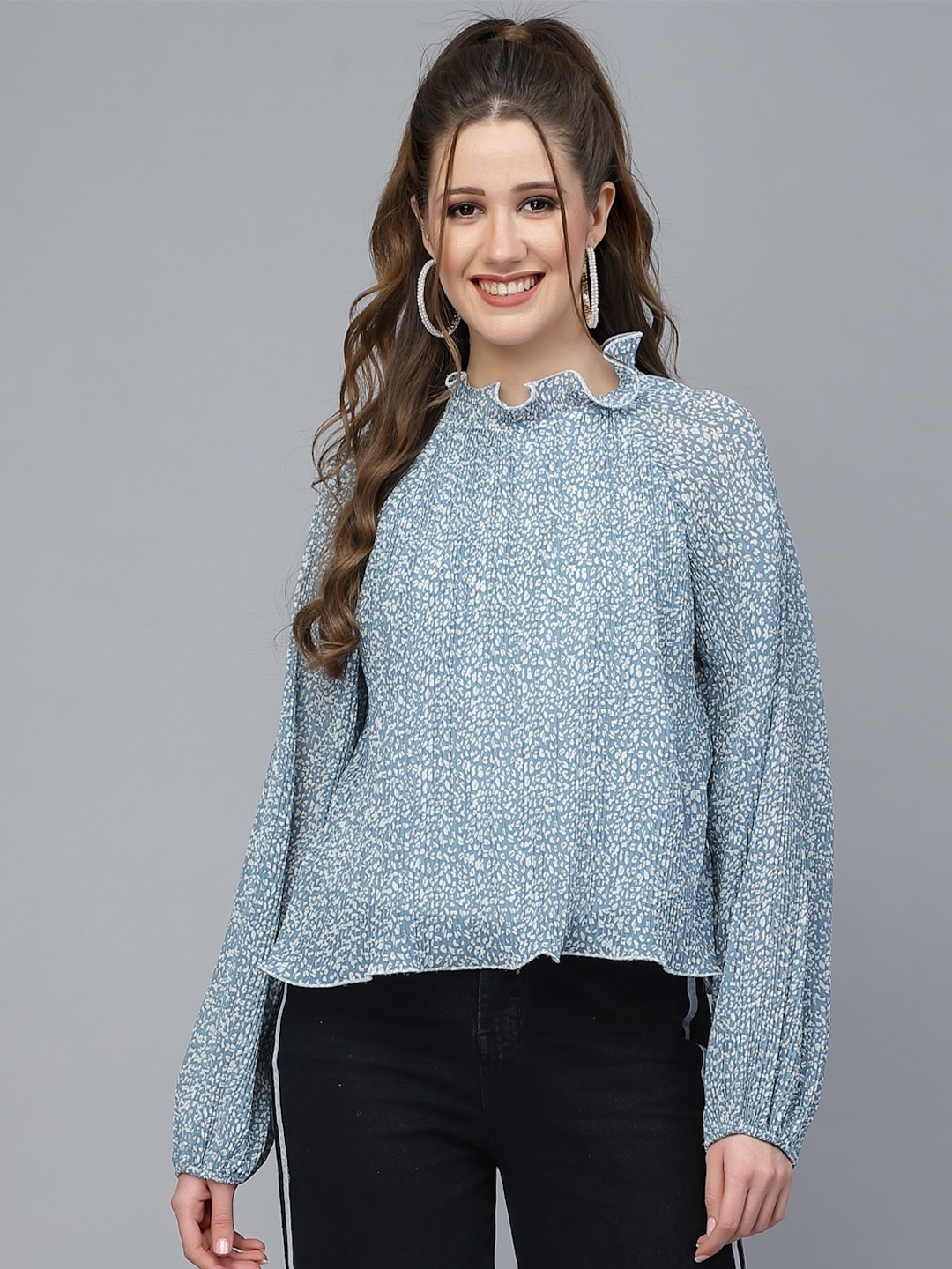 

Mafadeny Abstract Printed High Neck Puff Sleeves Chiffon Top, Turquoise blue