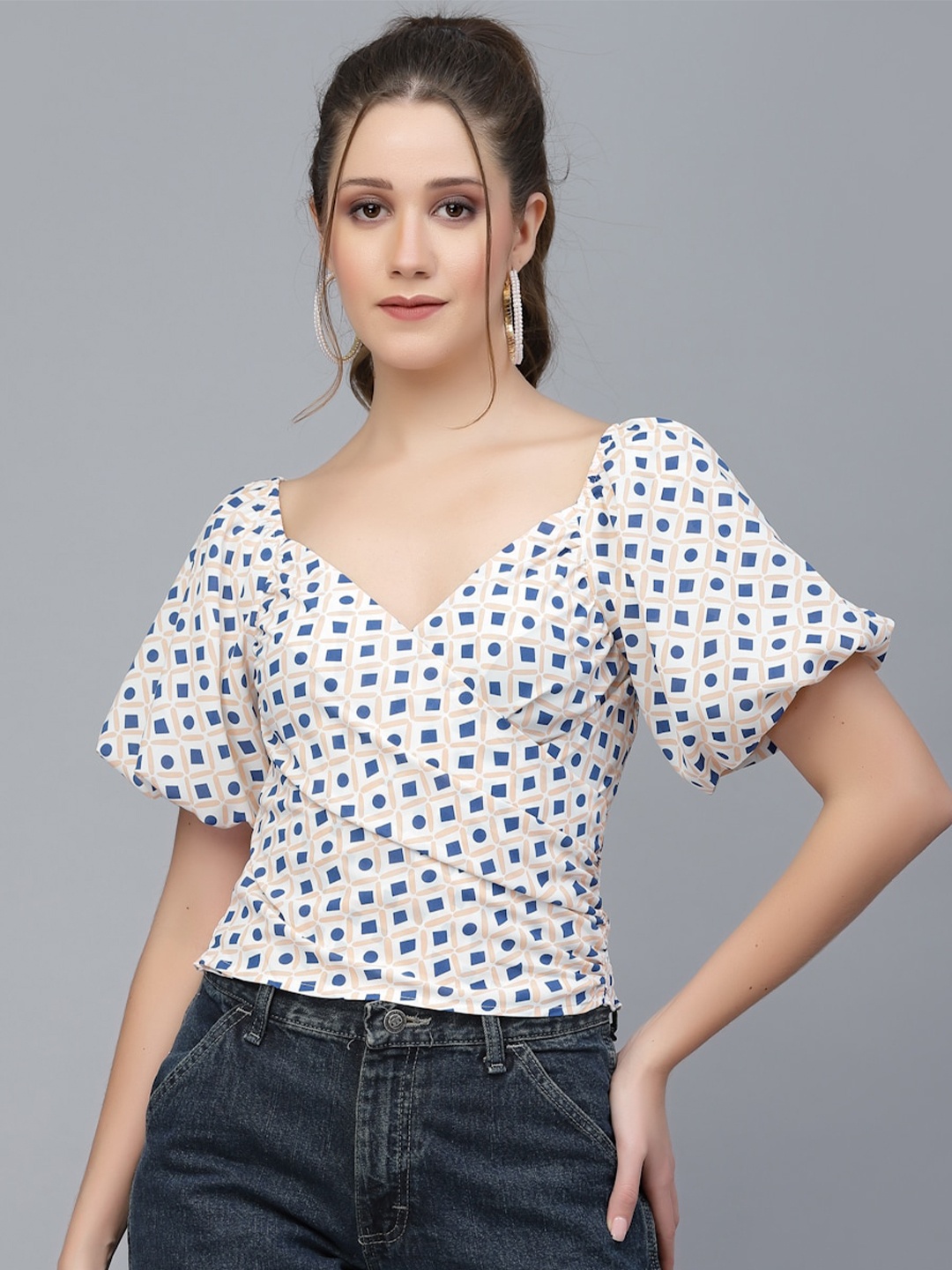 

Mafadeny Geometric Printed Puff Sleeves V-Neck Wrap Top, Beige