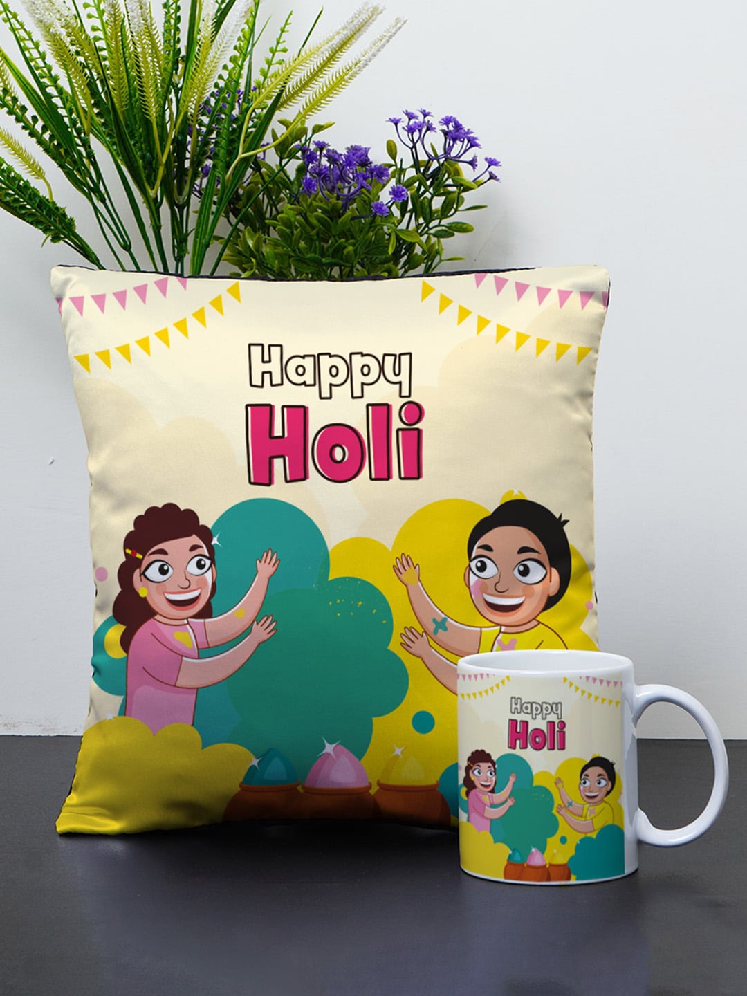 

Crazy Corner Cream-Coloured & Pink Printed Holi Cushion & Coffee Mug Set
