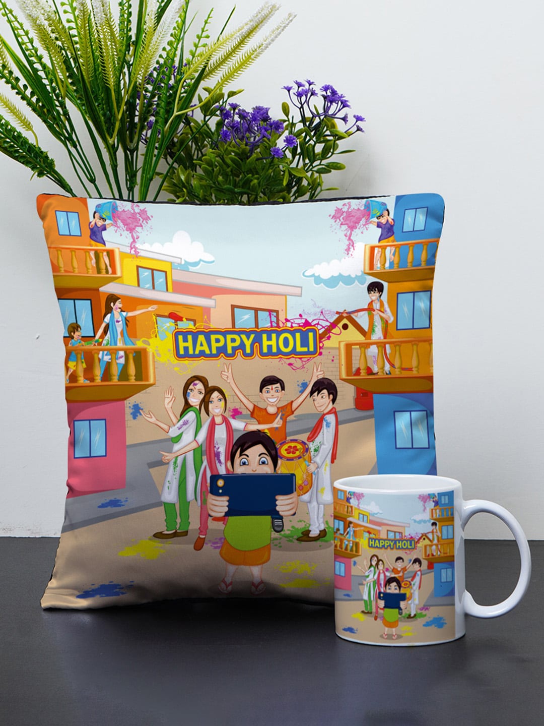 

Crazy Corner White & Blue Printed Holi Cushion & Coffee Mug Set