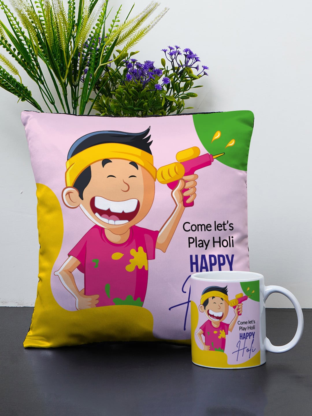 

Crazy Corner Pink & Yellow Printed Holi Cushion & Coffee Mug Set
