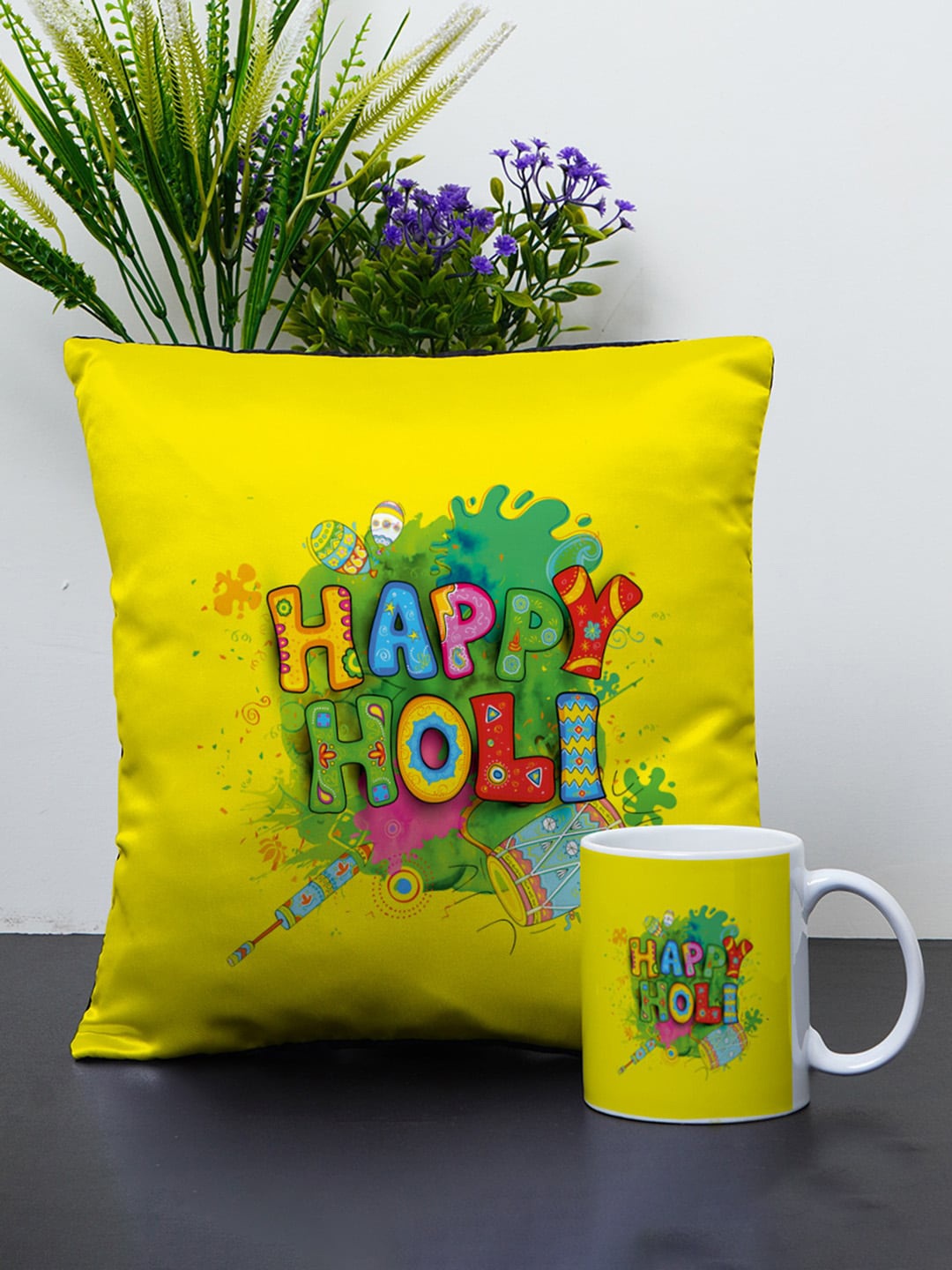

Crazy Corner Yellow & Green Printed Holi Cushion & Coffee Mug Set