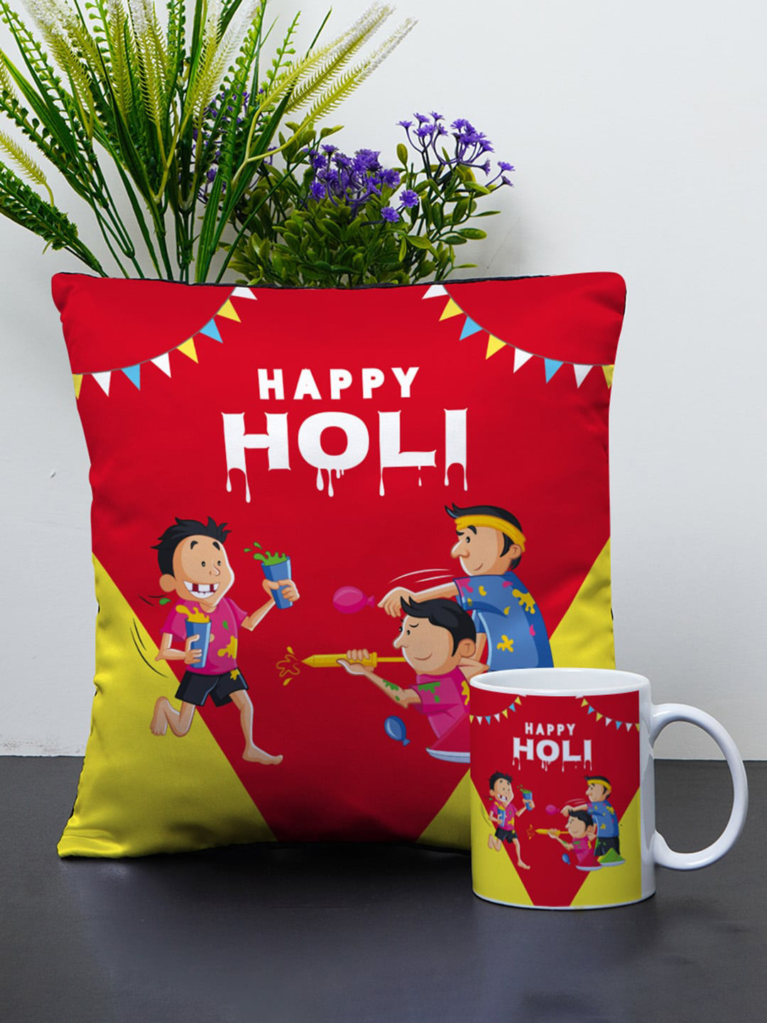 

Crazy Corner Red & White Printed Holi Cushion & Coffee Mug Set