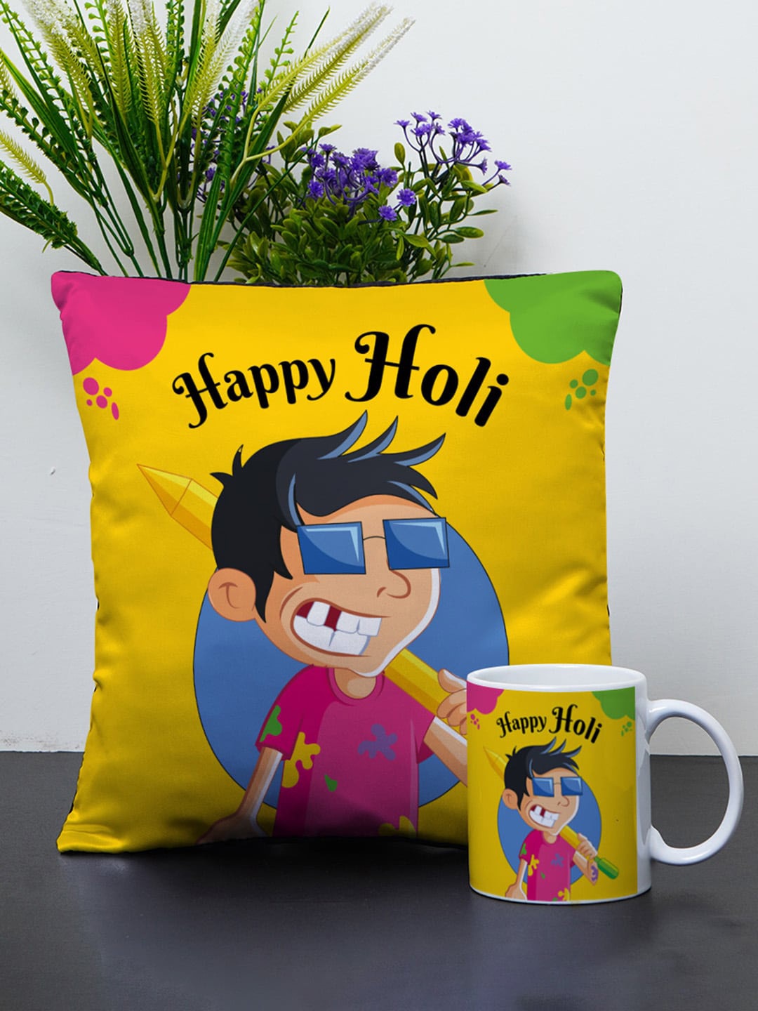 

Crazy Corner Yellow & Blue Printed Holi Cushion & Coffee Mug Set