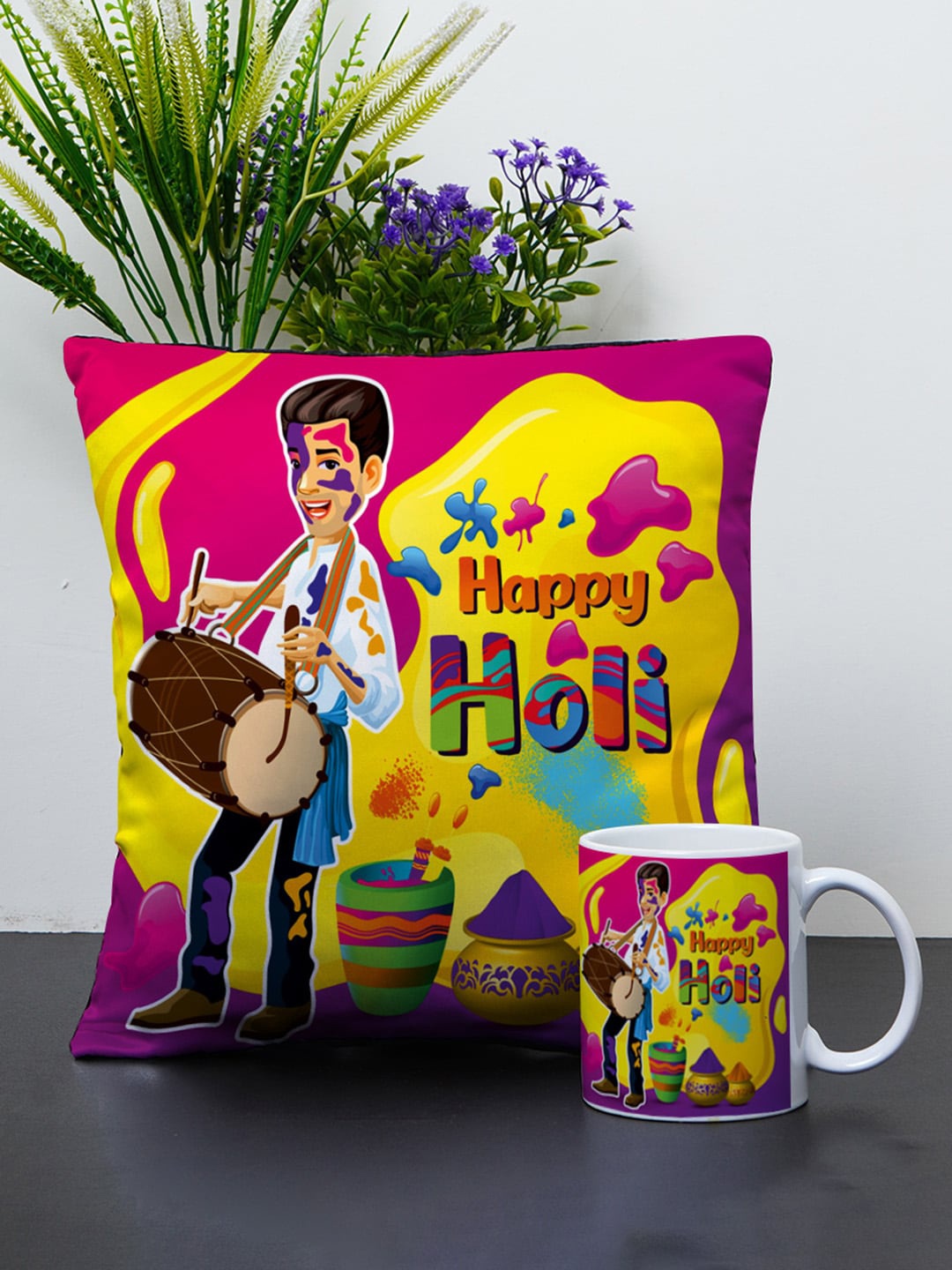 

Crazy Corner Pink & Yellow Printed Holi Cushion & Coffee Mug Set