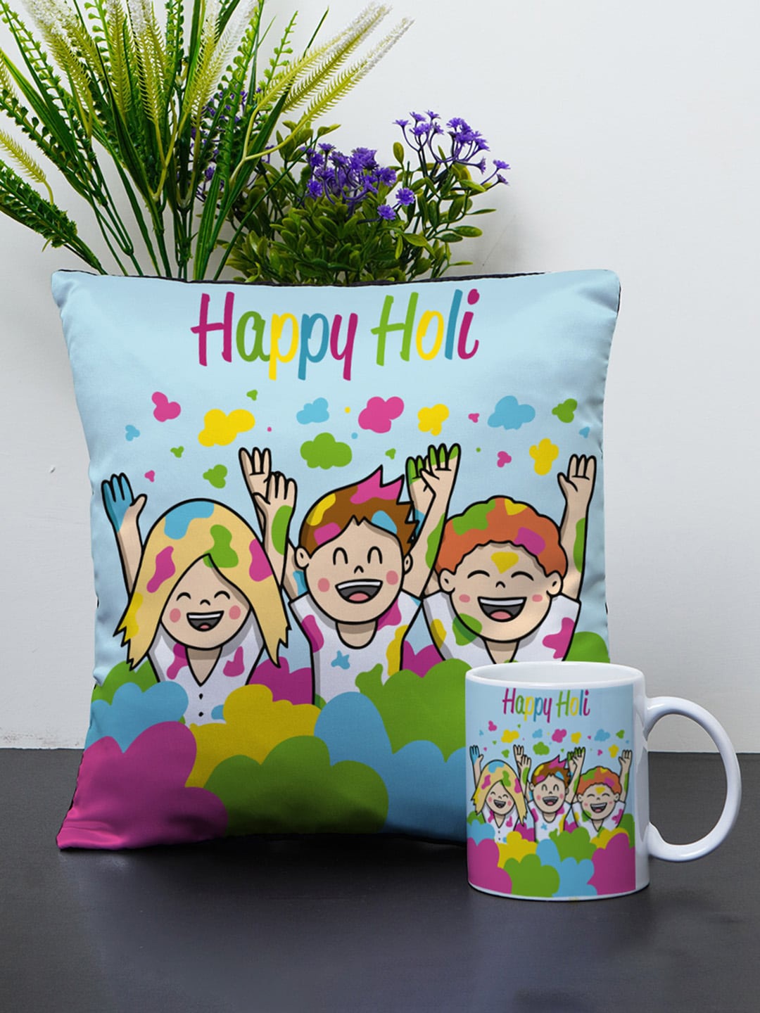 

Crazy Corner Blue & Green Printed Holi Cushion & Coffee Mug Set
