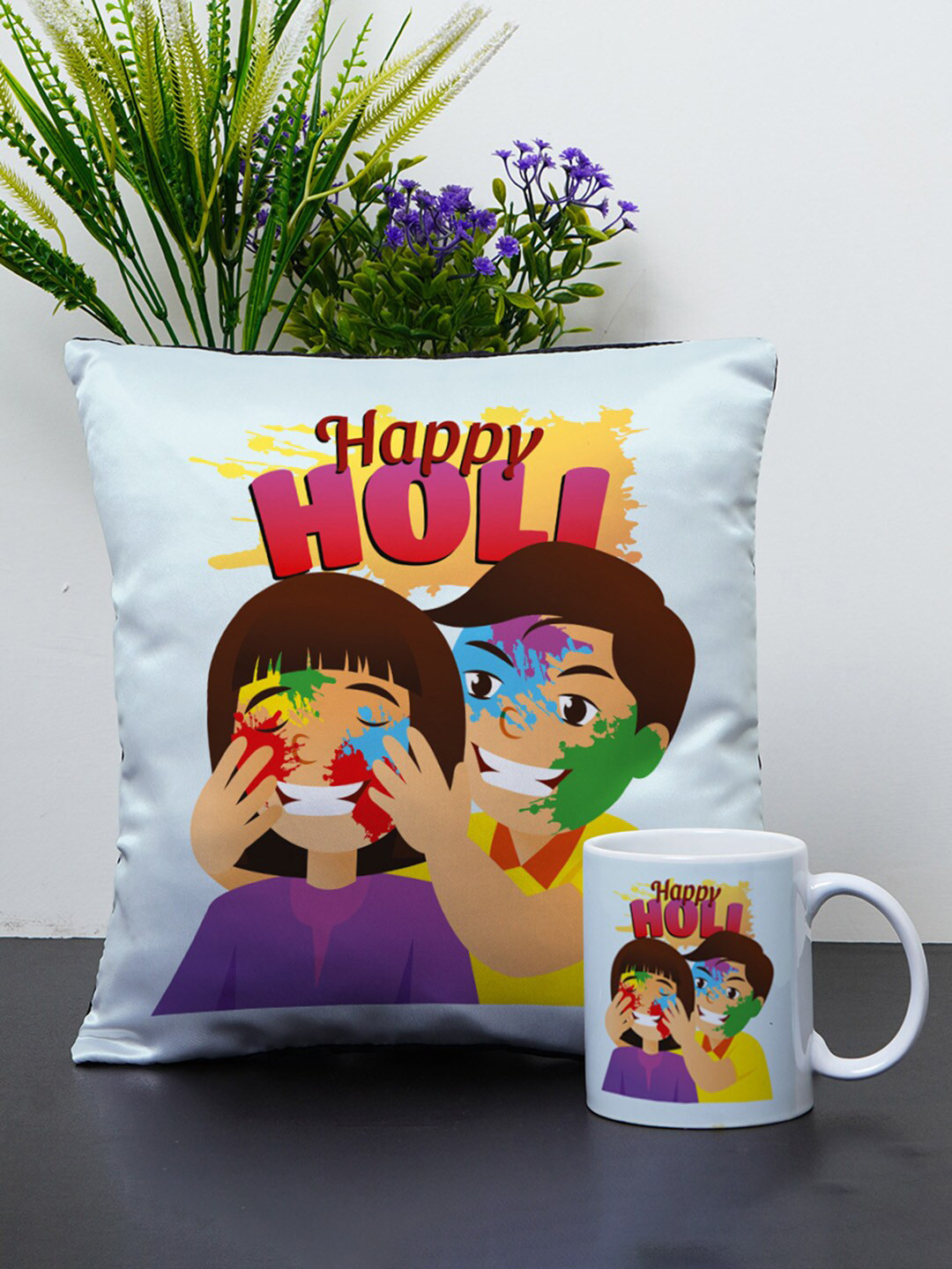

Crazy Corner White & Blue Printed Holi Cushion & Coffee Mug Set