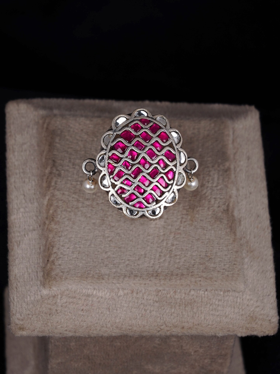 

Shyle 925 Sterling Silver Oxidized Kundan-Studded & Pearl-Beaded Adjustable Finger Ring
