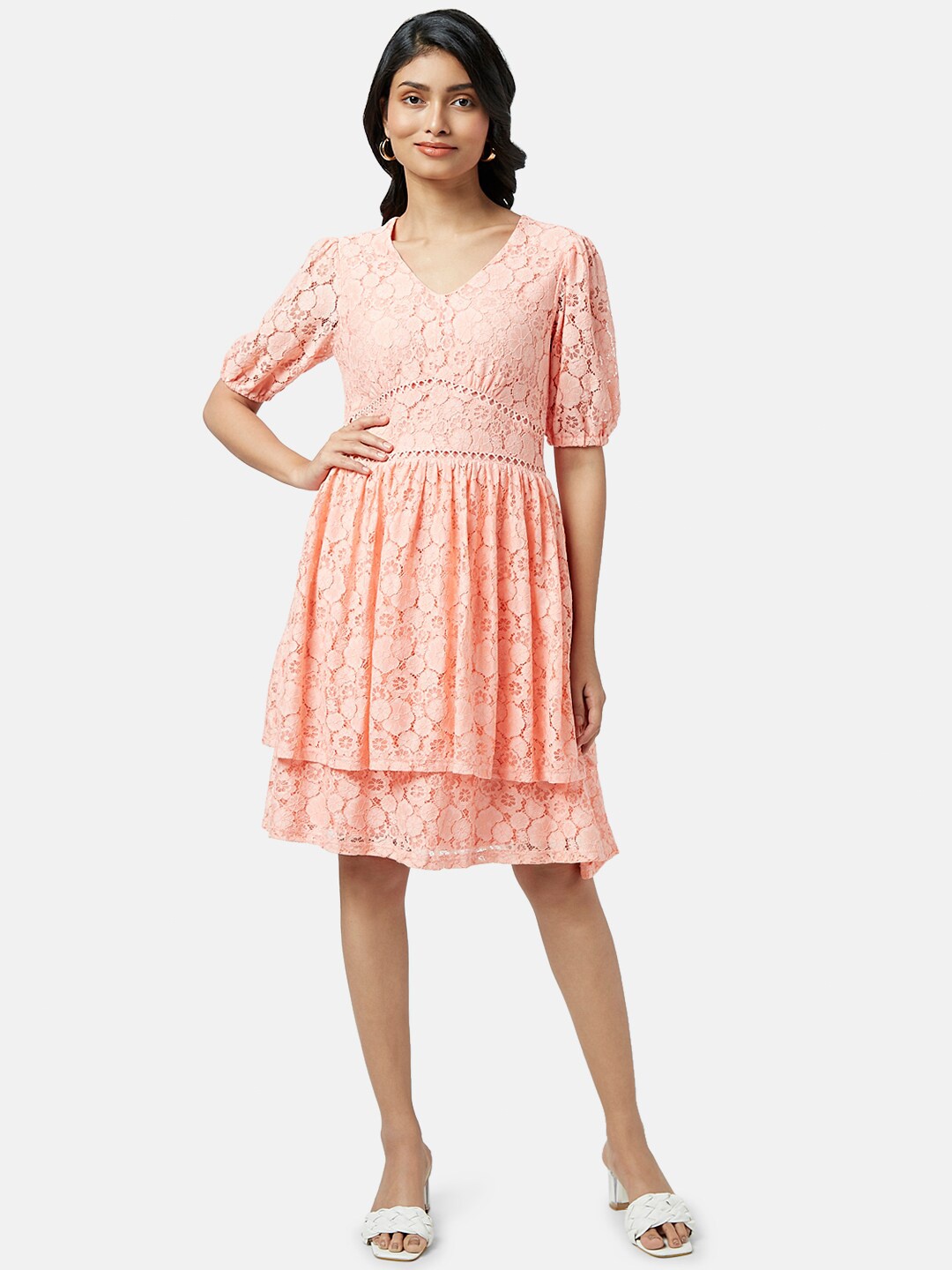 

Honey by Pantaloons Self Design Lace Up V-Neck Dress, Peach