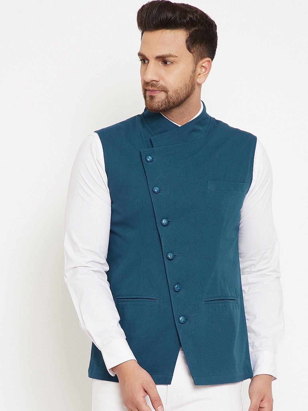 

Hypernation Men Woven Pure Cotton Nehru Jackets, Teal