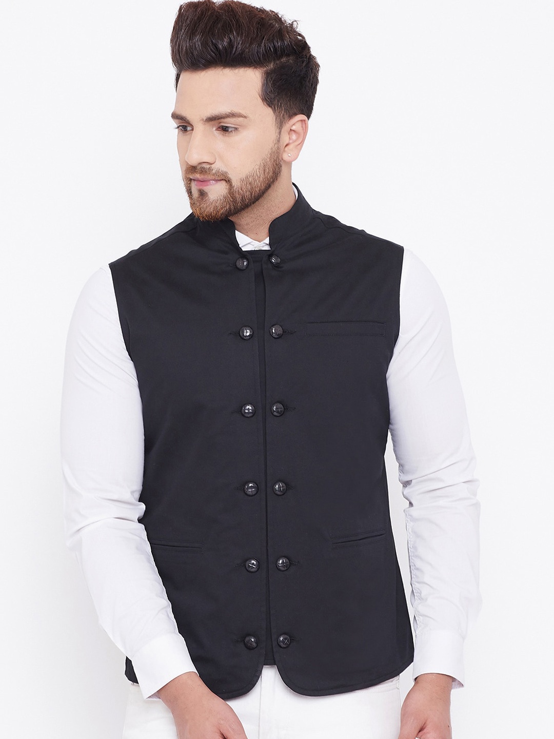 

Hypernation Men Woven Pure Cotton Nehru Jackets, Black