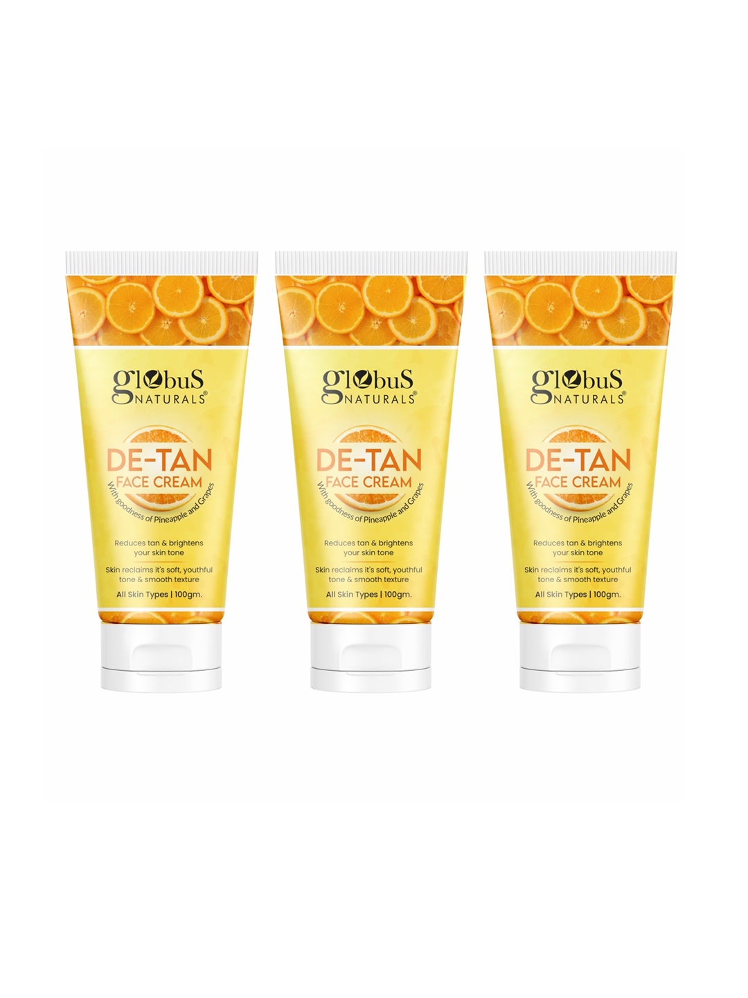 

Globus naturals Set Of 3 De-Tan Face Cream With Pineapple & Grapes - 100 gm Each, Yellow