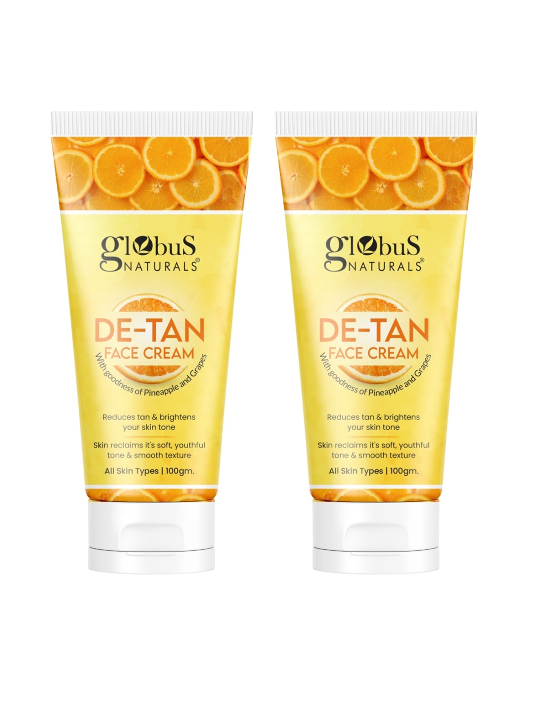 

Globus naturals Set Of 2 De-Tan Face Cream With Pineapple & Grapes - 100 gm Each, Yellow