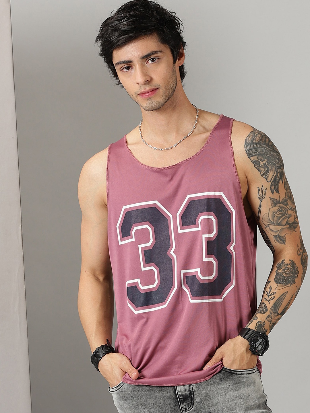 

Rodzen Men Mauve Varsity Printed Raw Edge T-shirt