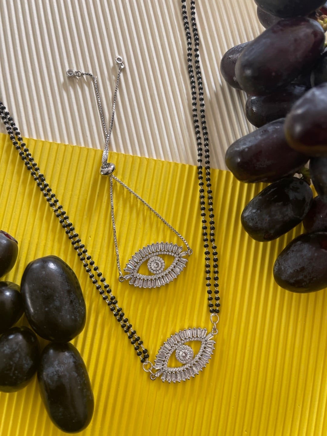 

Digital Dress Room Set Of 2 Silver Plated AD Studded Evil Eye Mangalsutra With Bracelet, Black