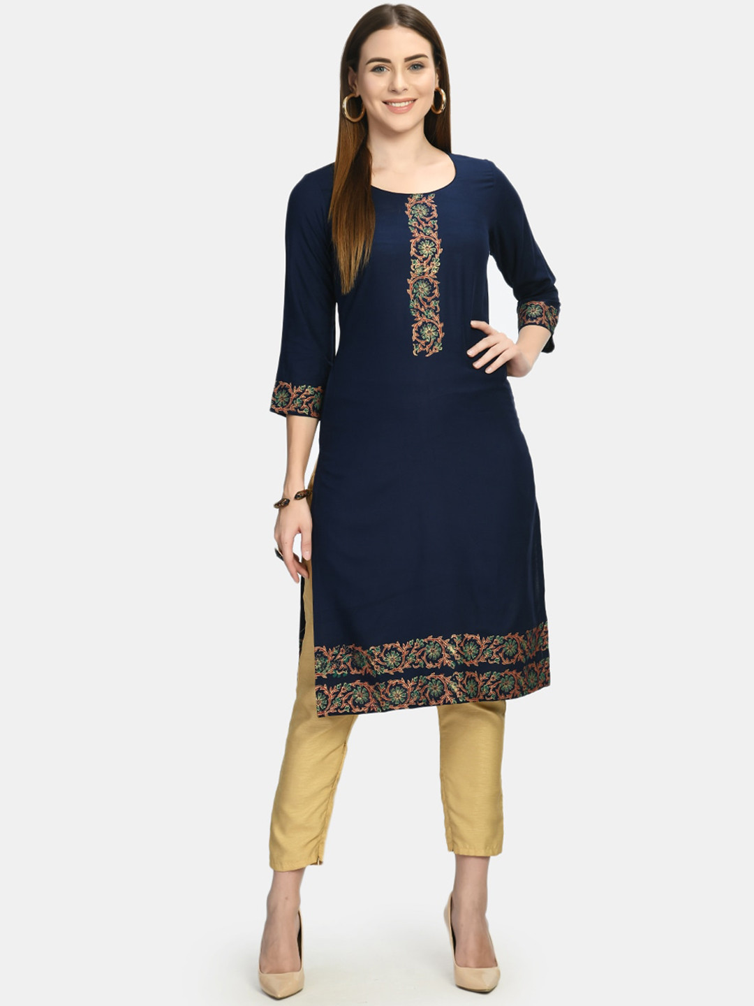 

KALINI Floral Block Printed Straight Kurta, Blue