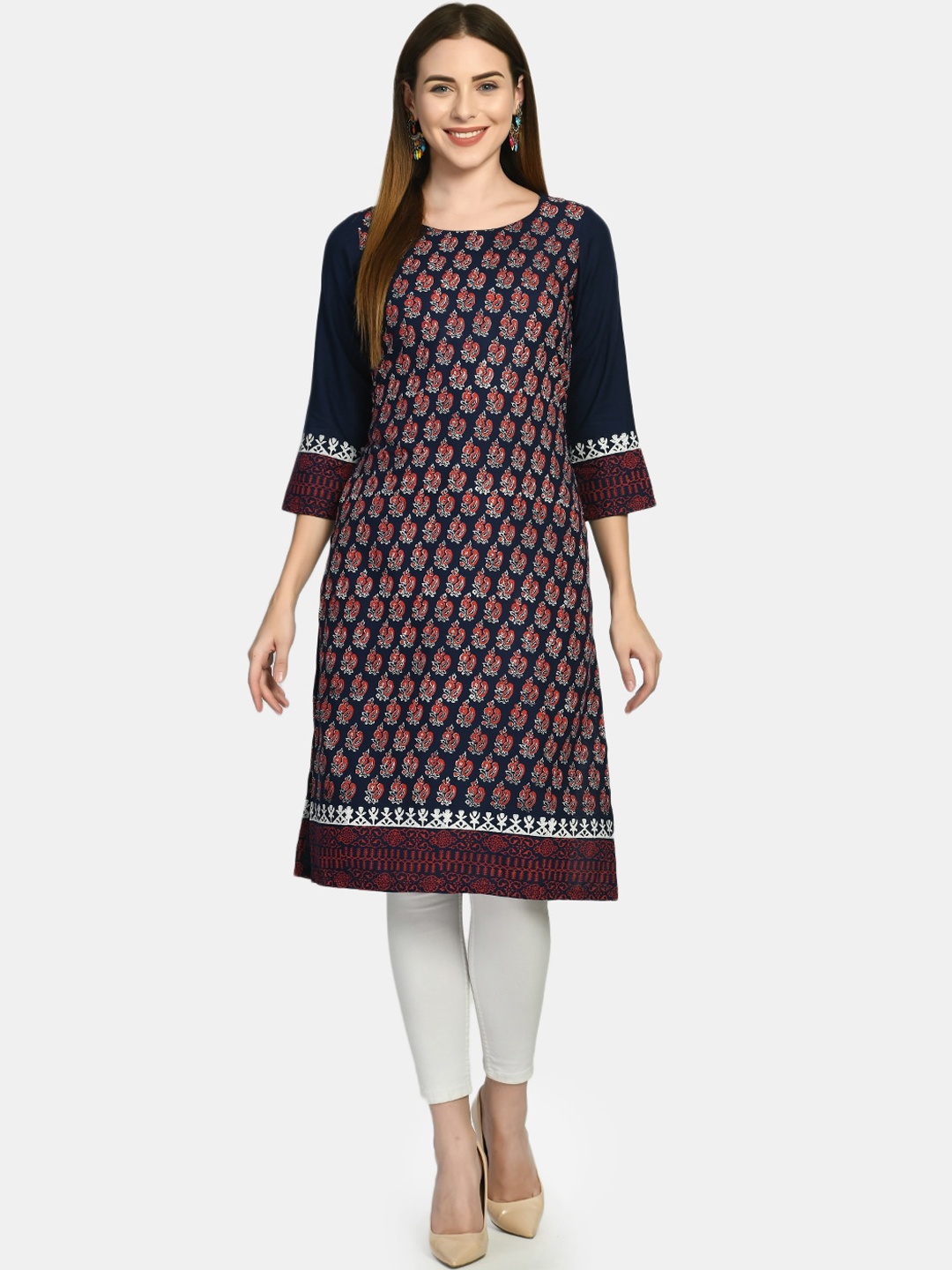 

KALINI Paisley Printed Round Neck Block Print Kurta, Blue