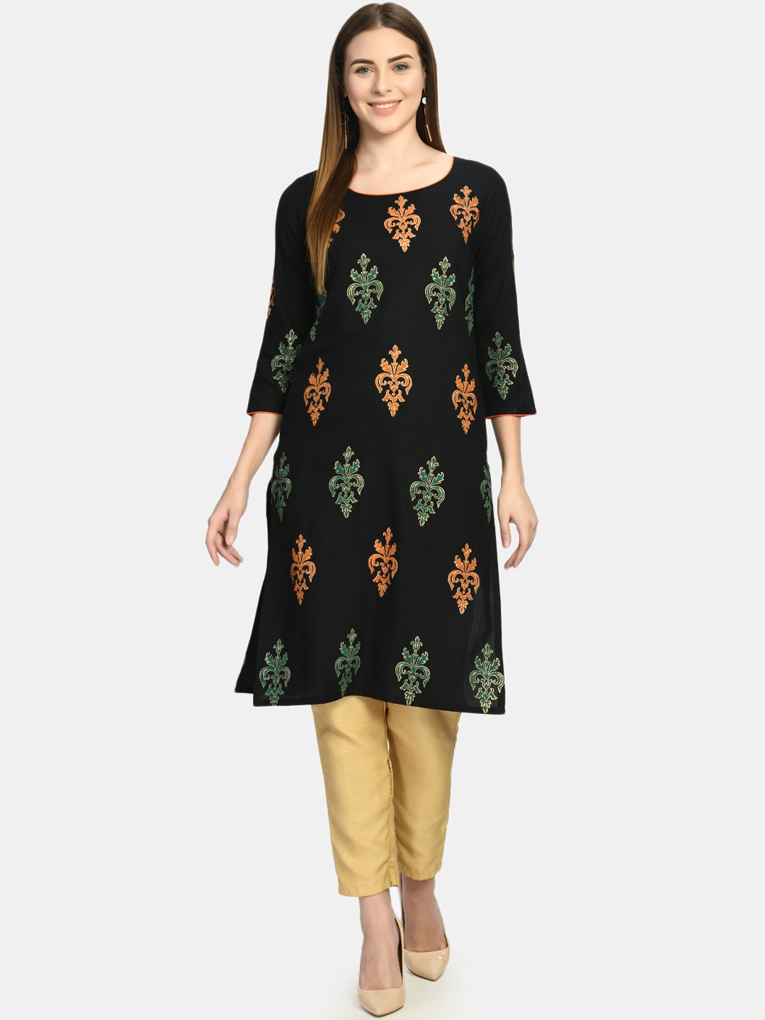 

KALINI Ethnic Motifs Printed Block Print Straight Kurta, Black