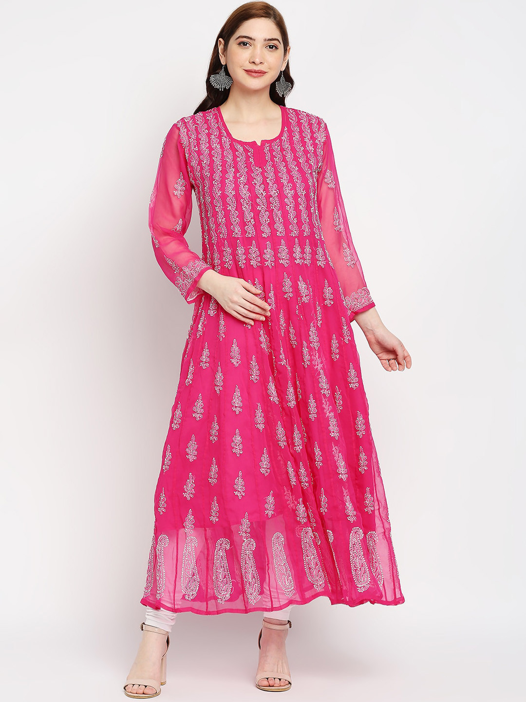 

Indiankala4u Ethnic Motifs Embroidered Thread Work Georgette Anarkali Kurta, Pink