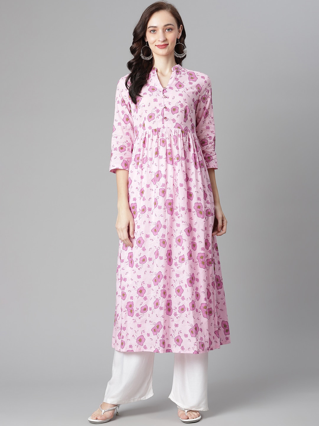 

Poshak Hub Floral Printed A-Line Cotton Kurta, Pink