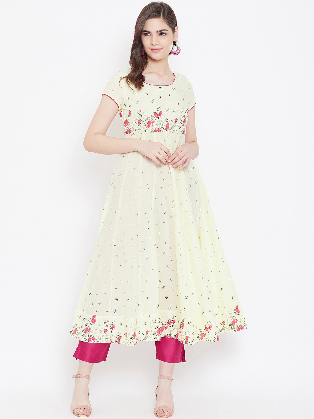 

Poshak Hub Women Yellow Floral Printed Keyhole Neck Thread Work Anarkali Kurta