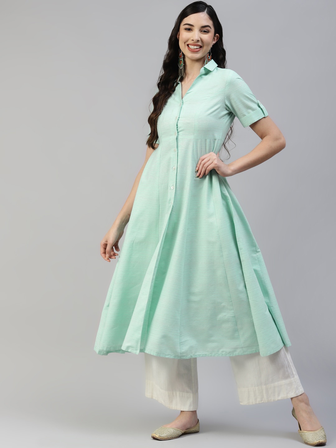 

Poshak Hub Shirt Collar Roll-Up Sleeves Cotton Kurta, Sea green