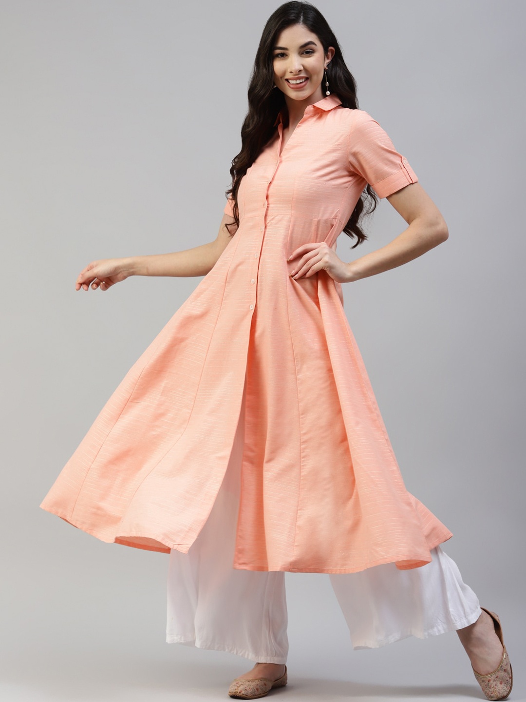 

Poshak Hub Shirt Collar Roll-Up Sleeves Cotton Kurta, Peach
